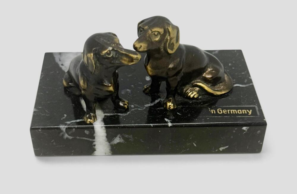 Vintage German Brass Dachshunds on Marble Base Paperweight Desk Accessory
